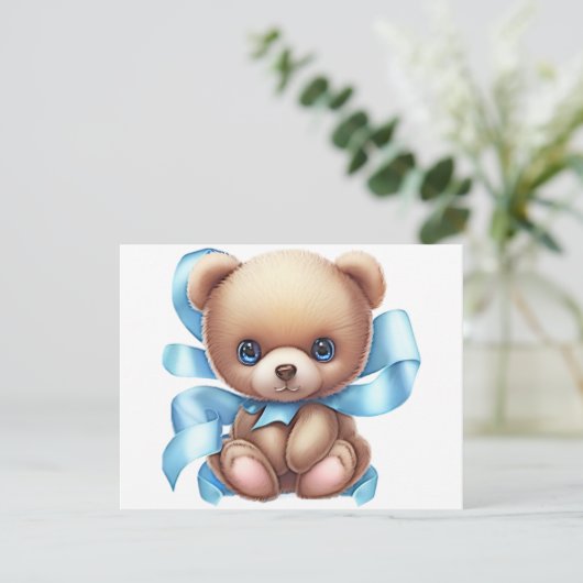 Teddy Bear Blue Baby shower behuizing Kaart QR-cod (Staand voorkant)