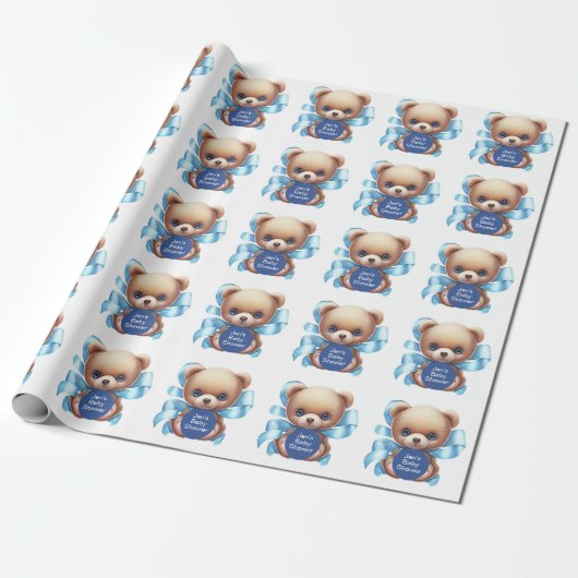 Teddy Bear Blue Baby shower Cadeaupapier (Uitgerold)