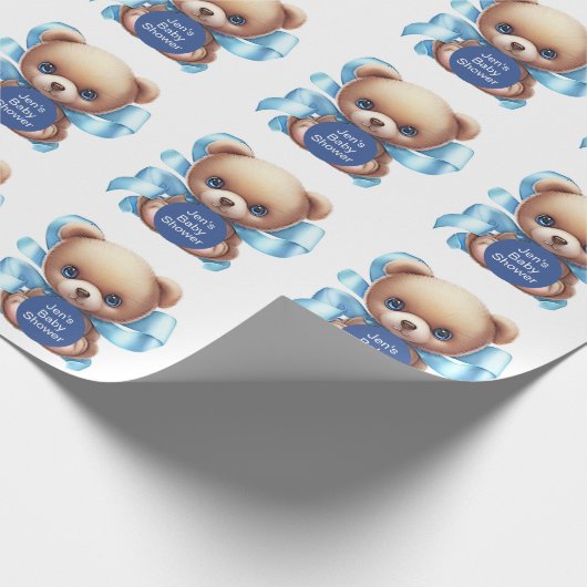 Teddy Bear Blue Baby shower Cadeaupapier (Hoek)