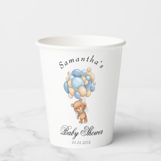 Teddy Bear Blue Baby shower Cups Papieren Bekers (Achterkant)