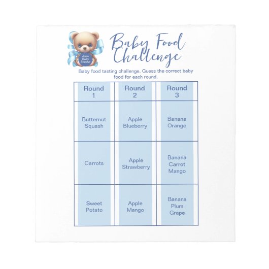 Teddy Bear Blue Baby shower Food Challenge spel Notitieblok (Voorkant)