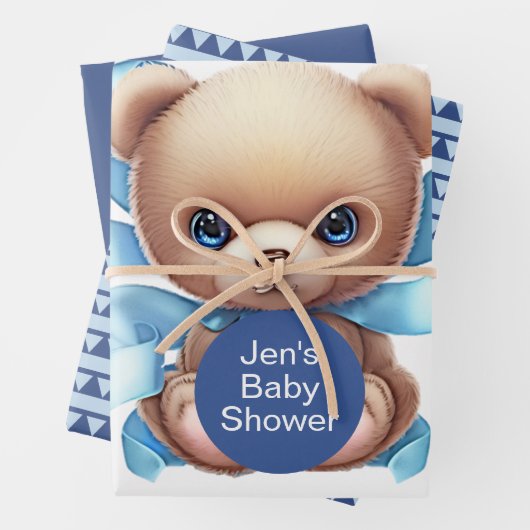 Teddy Bear Blue Baby shower Inpakpapier Vel (In situ)