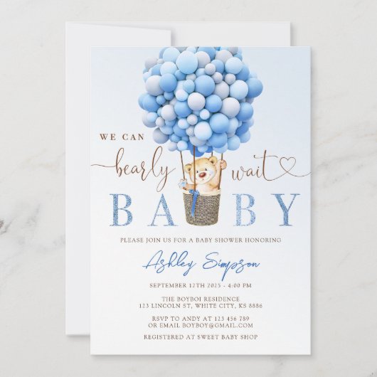 Teddy Bear Blue Baby shower Invitation Kaart (Voorkant)