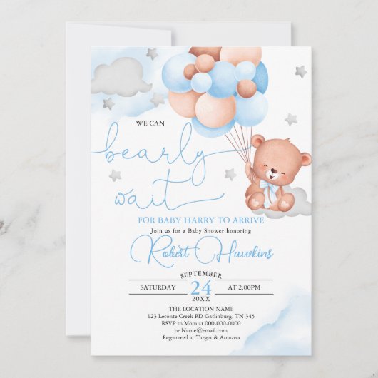 Teddy Bear Blue Baby shower Invitation Kaart (Voorkant)