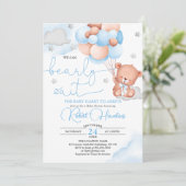 Teddy Bear Blue Baby shower Invitation Kaart (Staand voorkant)
