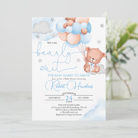 Teddy Bear Blue Baby shower Invitation Kaart (Staand voorkant)