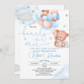 Teddy Bear Blue Baby shower Invitation Kaart (Voorkant / Achterkant)