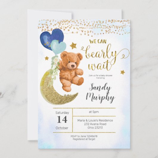 Teddy Bear Blue Baby shower Invitation Kaart (Voorkant)
