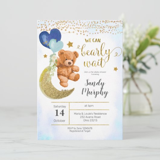 Teddy Bear Blue Baby shower Invitation Kaart (Staand voorkant)