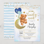 Teddy Bear Blue Baby shower Invitation Kaart (Voorkant / Achterkant)