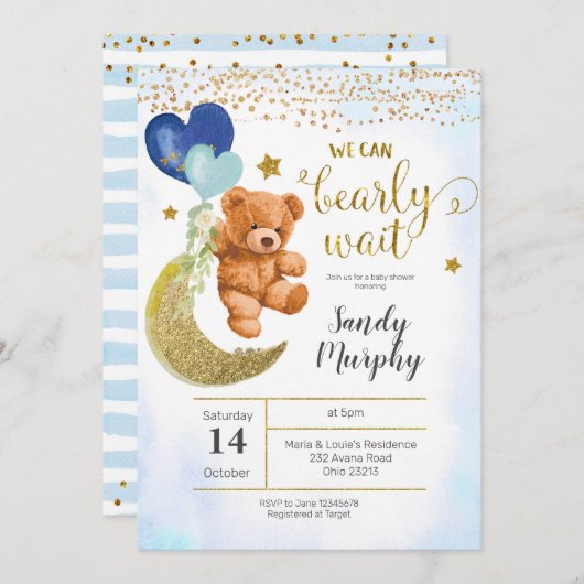 Teddy Bear Blue Baby shower Invitation Kaart (Voorkant / Achterkant)