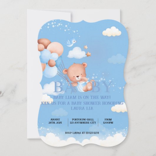 TEDDY BEAR BLUE Baby shower Invitation Save The Date (Voorkant)