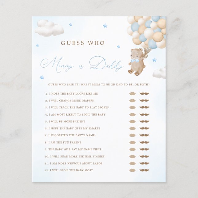 Teddy Bear Blue Baby shower Mama of Daddy Game (Voorkant)