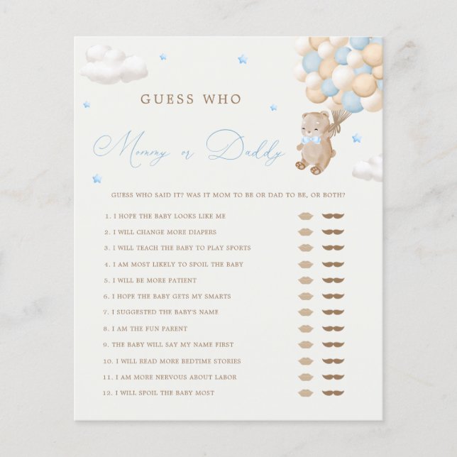 Teddy Bear Blue Baby shower Mama of Daddy Game (Voorkant)