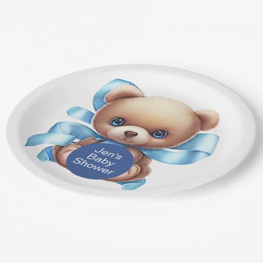 Teddy Bear Blue Baby shower Papieren Bordje (Gekanteld)
