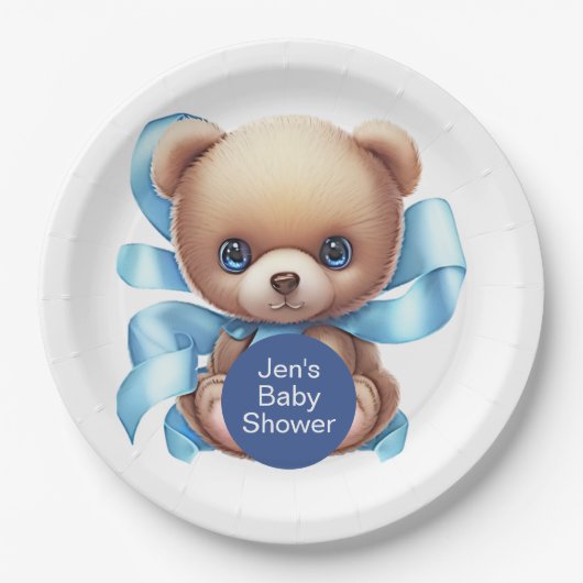 Teddy Bear Blue Baby shower Papieren Bordje (Voorkant)