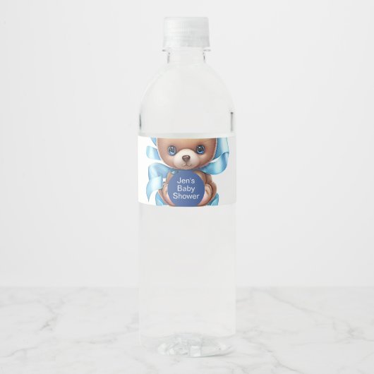 Teddy Bear Blue Baby shower Waterfles Etiket (Voorkant)