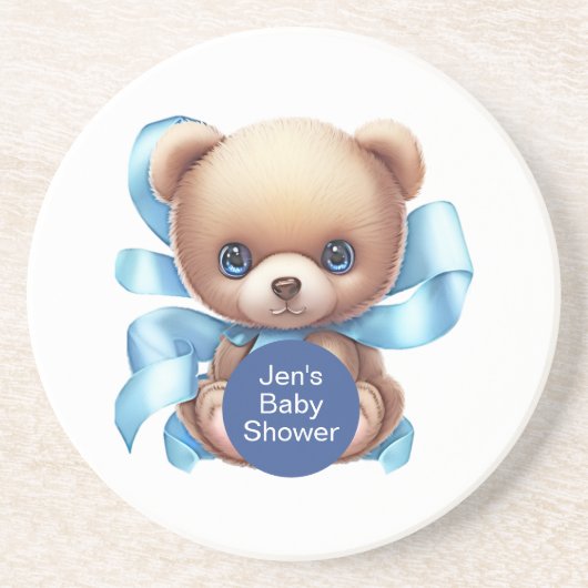 Teddy Bear Blue Baby shower Zandsteen Onderzetter (Voorkant)
