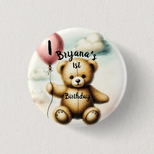 Teddy Bear Blue Ballon 1e Verjaardagsfeestje Ronde Button 3,2 Cm