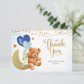 Teddy Bear Blue Ballon Baby shower Dank je wel Bedankkaart (Staand voorkant)