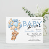Teddy Bear Blue Ballon Baby Shower Invitaties Aankondiging (Staand voorkant)