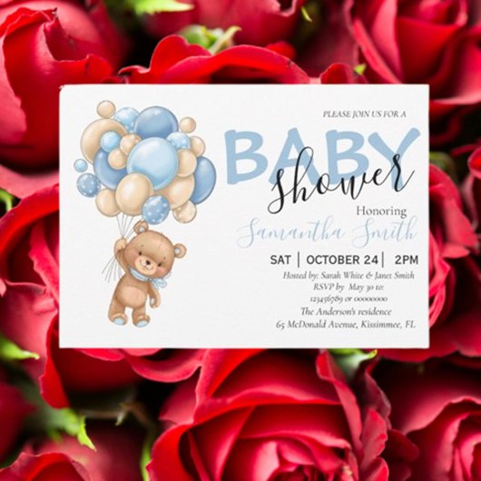 Teddy Bear Blue Ballon Baby Shower Invitaties Aankondiging