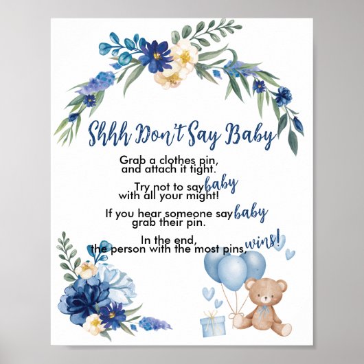 Teddy Bear Blue Ballon Shhh Zeg geen Baby-spel Poster (Voorkant)