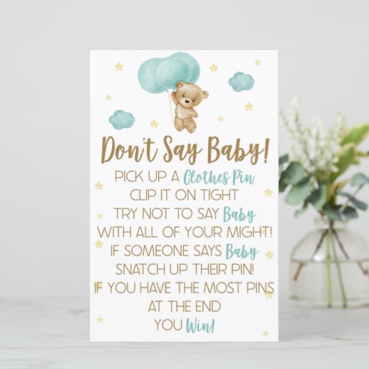 Teddy Bear Blue Ballon Zeg geen Baby shower Game (Staand voorkant)