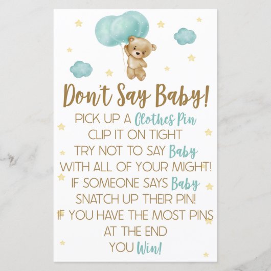 Teddy Bear Blue Ballon Zeg geen Baby shower Game (Voorkant)