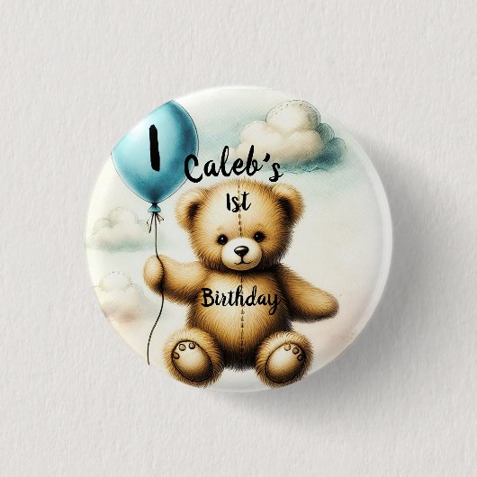 Teddy Bear Blue Balloon 1st Verjaardagsfeest Ronde Button 3,2 Cm (Voorkant)