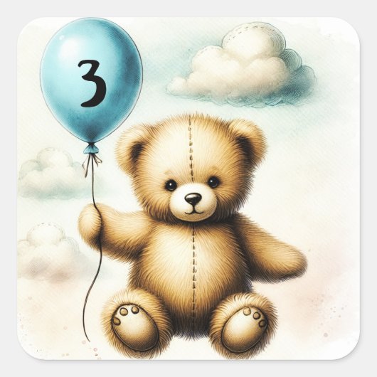 Teddy Bear Blue Balloon 1st Verjaardagsfeest Vierkante Sticker (Voorkant)