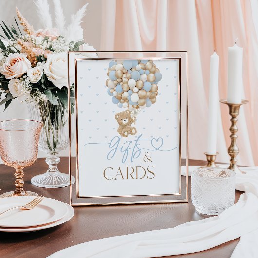 Teddy Bear Blue Balloon Baby Boy Shower Gift Poster