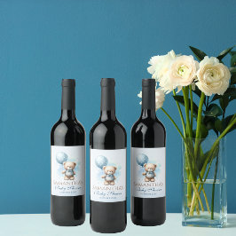 Teddy Bear & Blue Balloon Baby Boy Shower Pastel Wijn Etiket