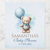Teddy Bear & Blue Balloon Baby Boy Shower Pastel Wijn Etiket (Enkel label)