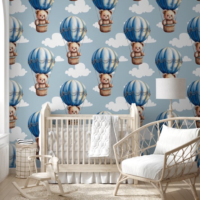 Teddy Bear Blue Balloon Baby Nursery Room Behang (Kinderen)