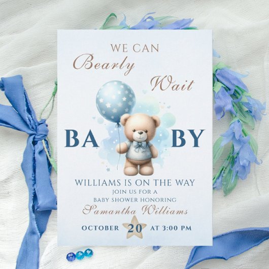 Teddy Bear Blue Balloon Baby shower Bearly Kaart