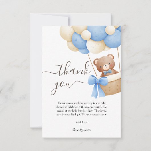 Teddy Bear Blue Balloon Baby shower bedankje Bedankkaart (Voorkant)