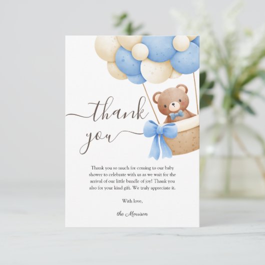 Teddy Bear Blue Balloon Baby shower bedankje Bedankkaart (Staand voorkant)