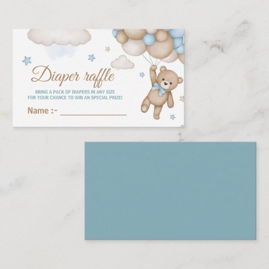 Teddy Bear Blue Balloon Baby Shower Diaper Raffle Informatiekaartje (Voorkant / Achterkant)