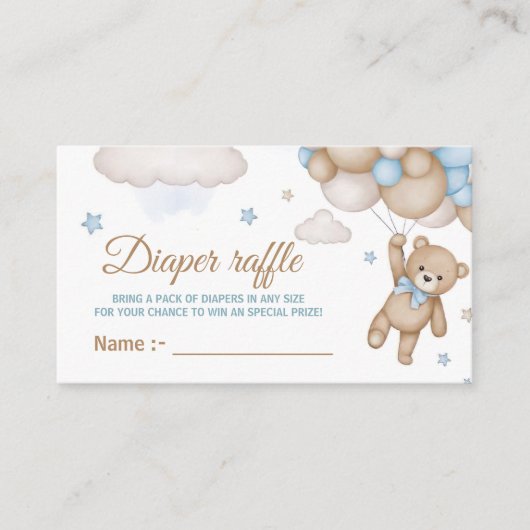Teddy Bear Blue Balloon Baby Shower Diaper Raffle Informatiekaartje (Voorkant)