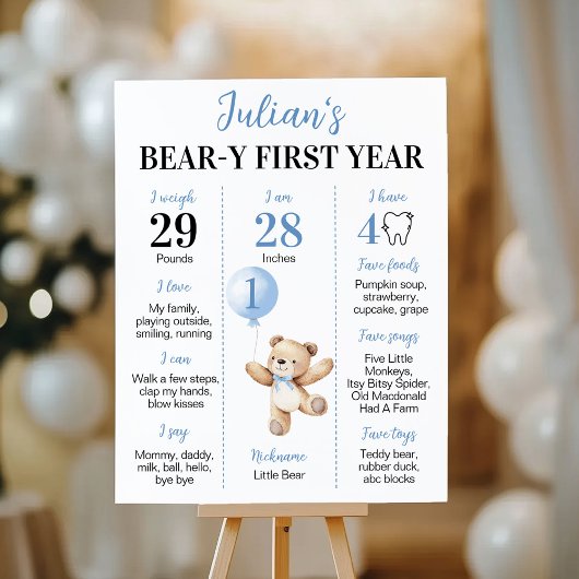 Teddy Bear Blue Balloon Beary Eerste jaar Mijlpaal Poster