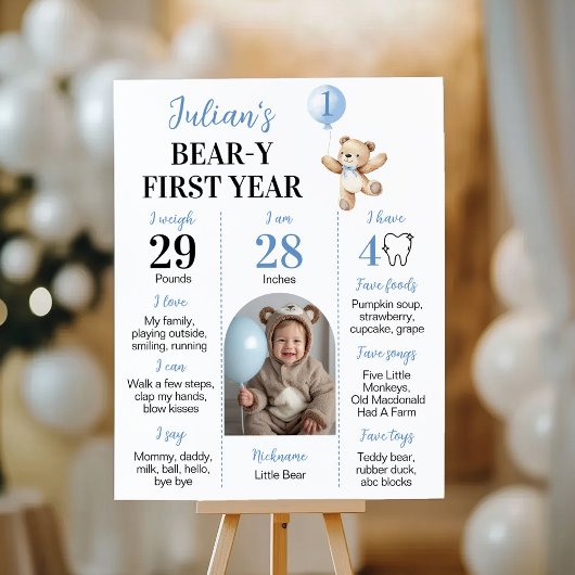 Teddy Bear Blue Balloon Beary Eerste jaar Mijlpaal Poster