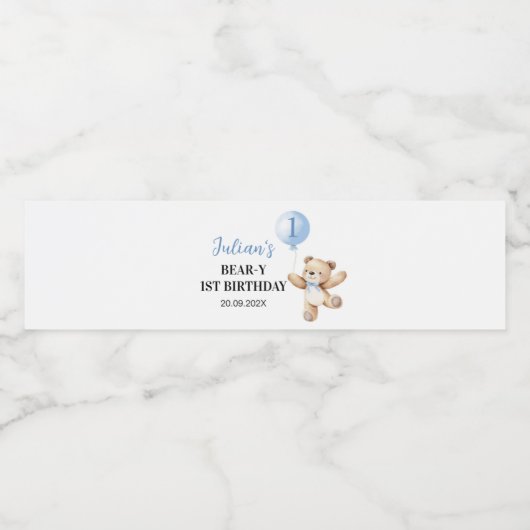 Teddy Bear Blue Balloon Beary Eerste Verjaardag Waterfles Etiket (Enkel label)