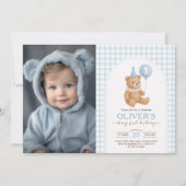 Teddy Bear Blue Balloon Beary First Birthday Photo Kaart (Voorkant)