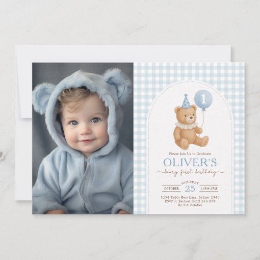 Teddy Bear Blue Balloon Beary First Birthday Photo Kaart (Voorkant)