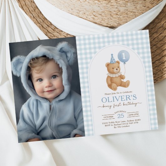 Teddy Bear Blue Balloon Beary First Birthday Photo Kaart