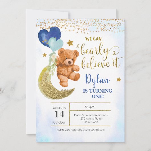 Teddy Bear Blue Balloon Boy Birthday Uitnodiging (Voorkant)