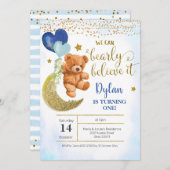 Teddy Bear Blue Balloon Boy Birthday Uitnodiging (Voorkant / Achterkant)