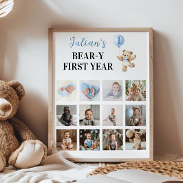 Teddy Bear Blue Balloon Eerste jaar Foto Mijlpaal Poster