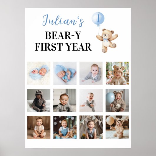 Teddy Bear Blue Balloon Eerste jaar Foto Mijlpaal Poster (Voorkant)
